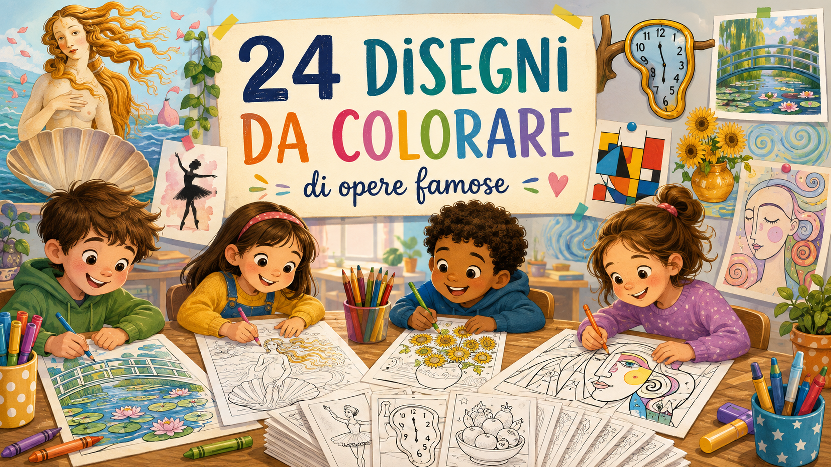 24 disegni da colorare di opere d'arte famose per bambini e scuola primaria