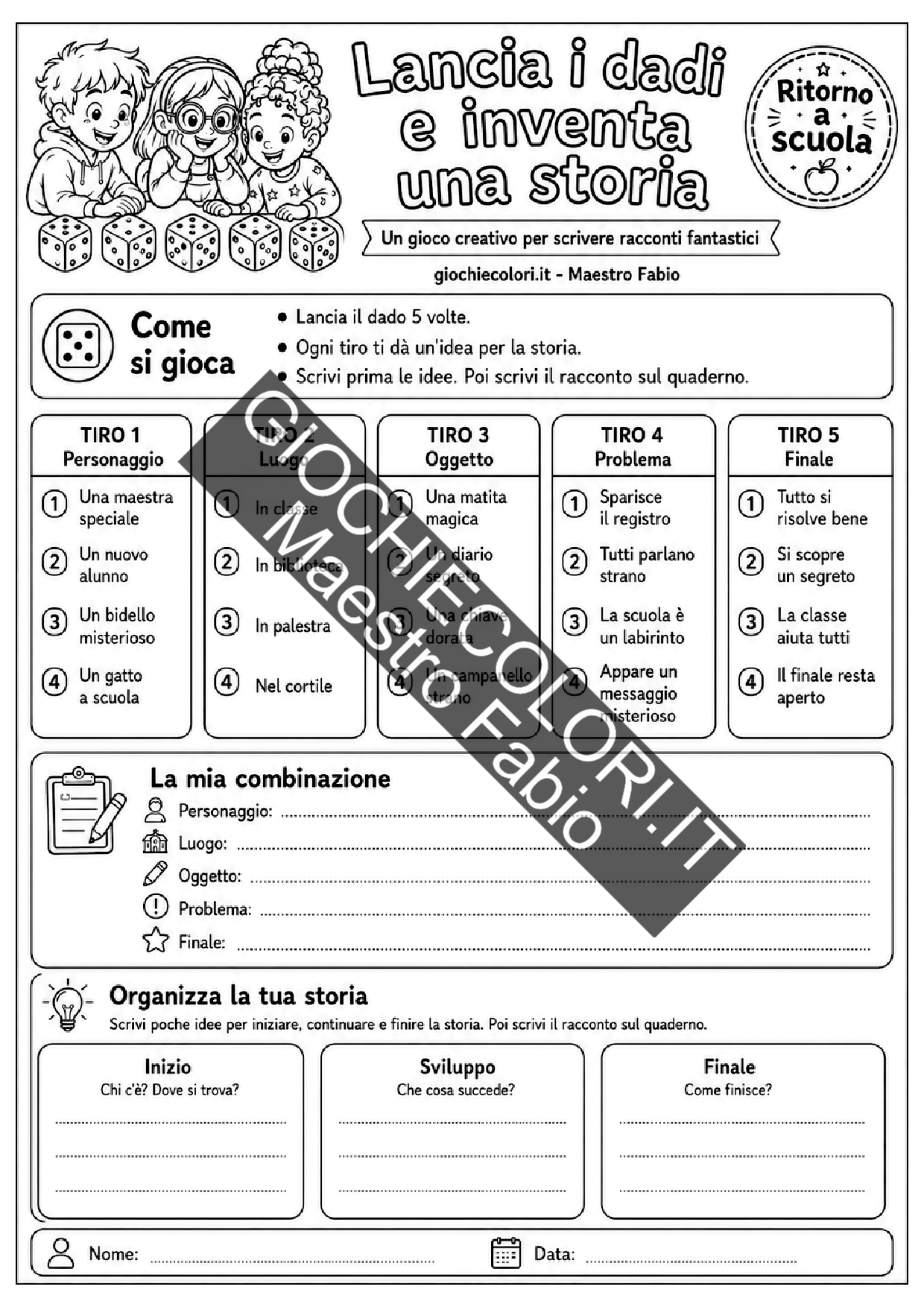 Anteprima versione bianco e nero lancia i dadi e inventa una storia