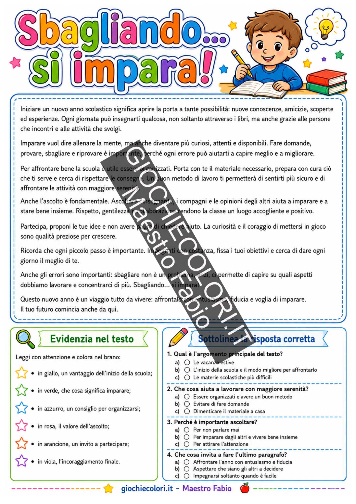 Scheda di comprensione del testo sulla vita scolastica