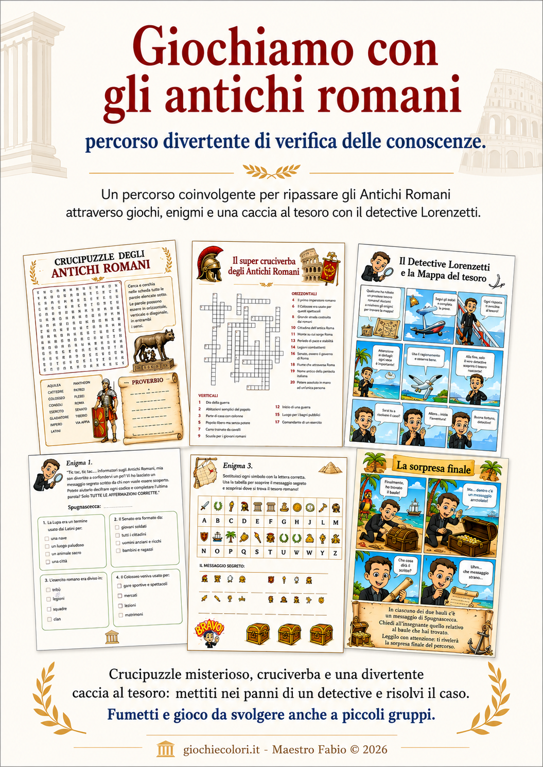 Anteprima grafica del percorso sugli Antichi Romani con giochi, enigmi e caccia al tesoro