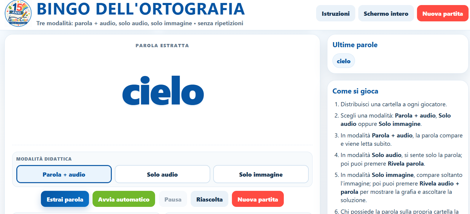 Bingo dell'Ortografia online - modalità di gioco