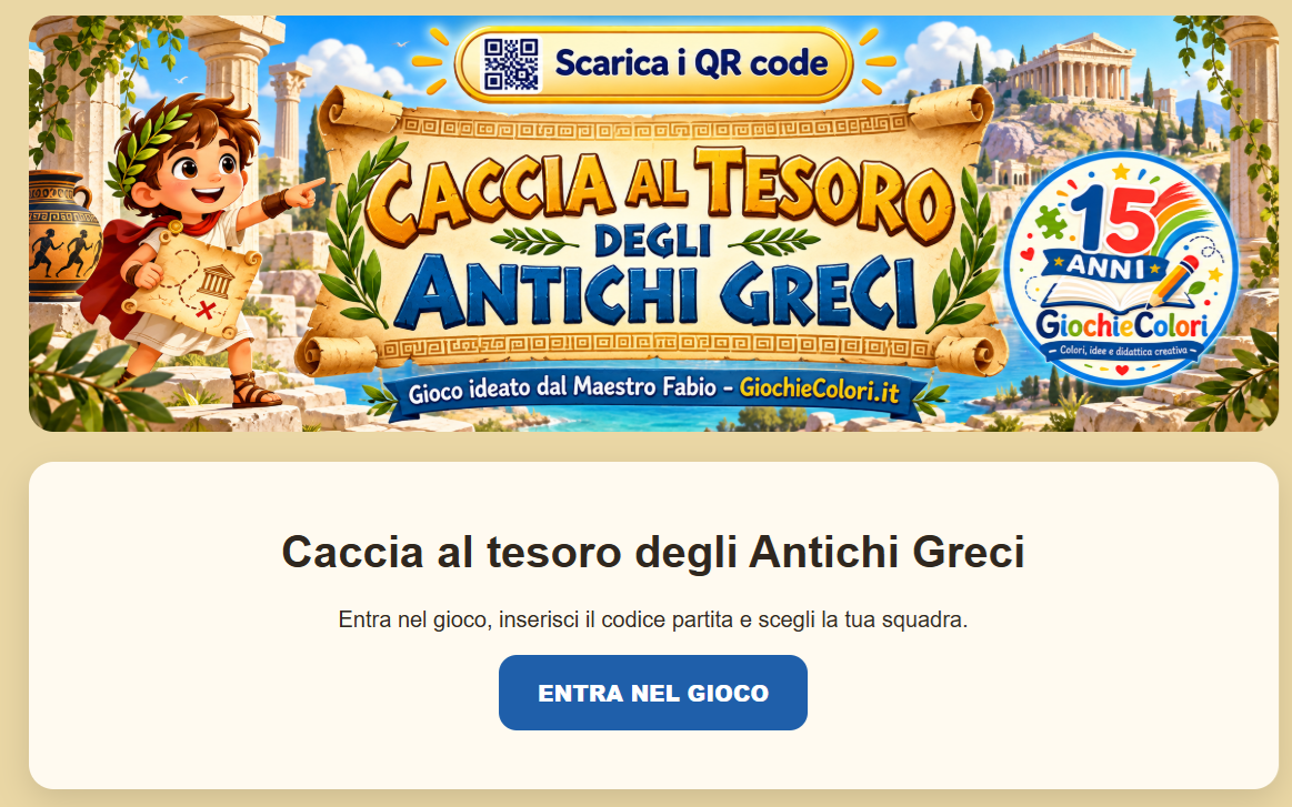 Schermata iniziale della Caccia al Tesoro degli Antichi Greci interattiva