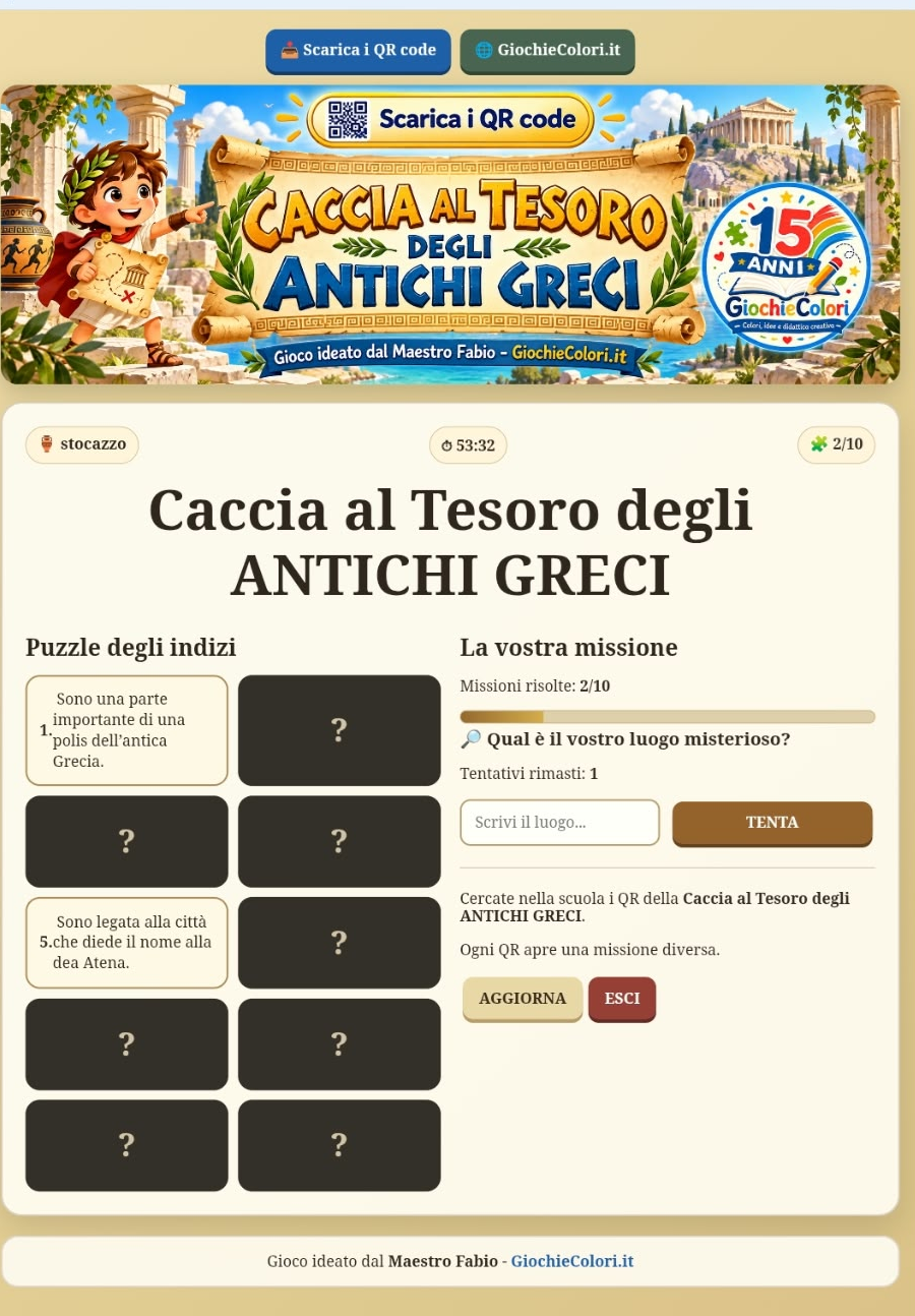 Indizi e avanzamento nel gioco interattivo sugli Antichi Greci