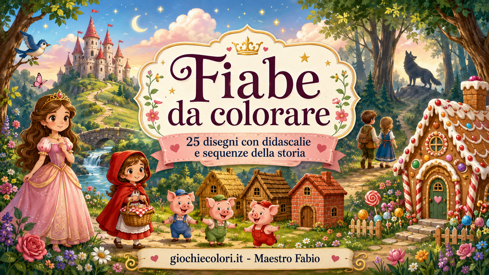 Fiabe da colorare con didascalie che raccontano la storia