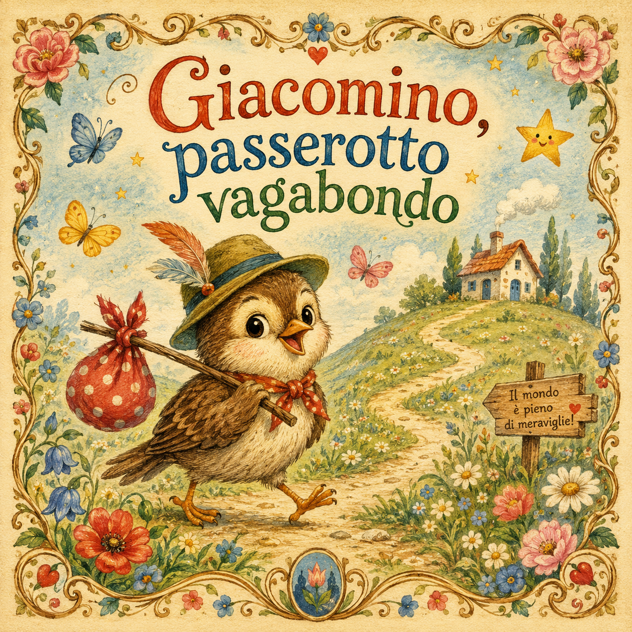 Copertina fiaba Giacomino passerotto vagabondo