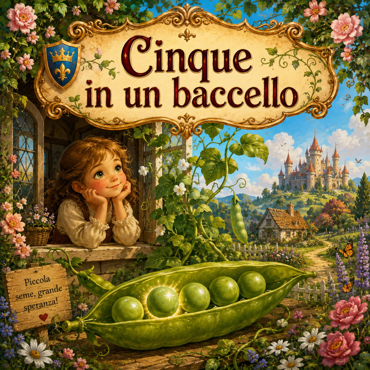 Copertina della fiaba Cinque in un baccello