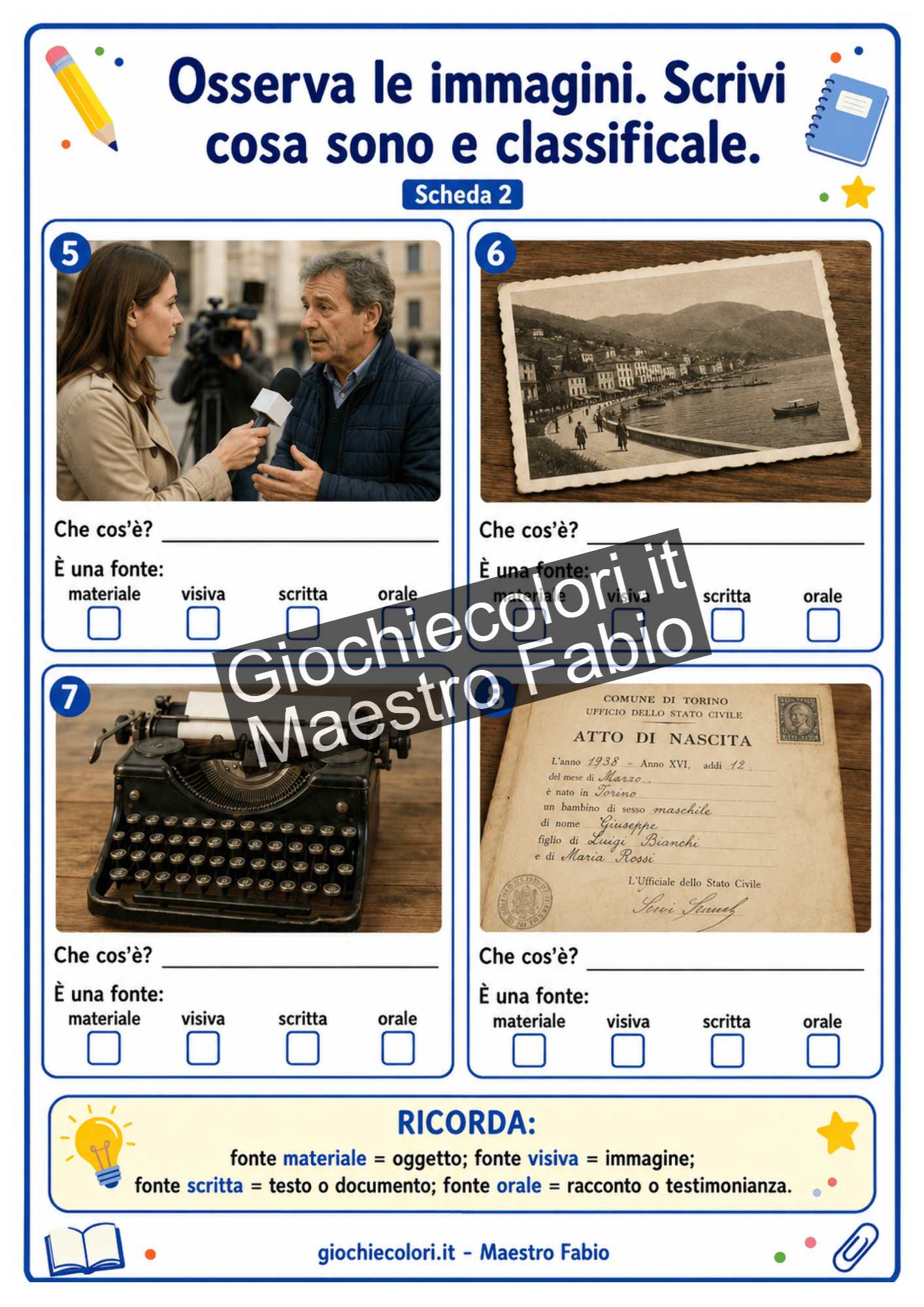Scheda per classificare fonti materiali visive scritte e orali