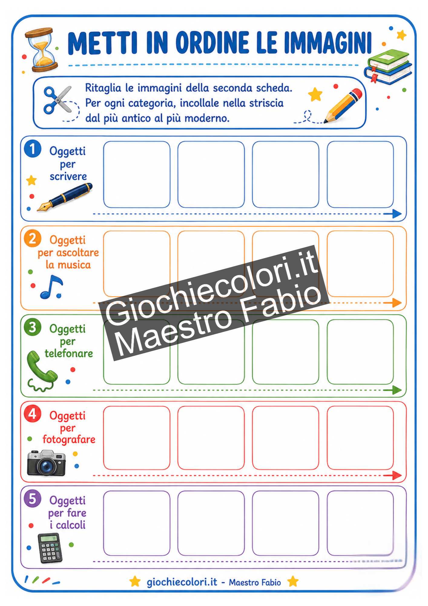 Attività per ordinare cronologicamente oggetti antichi e moderni