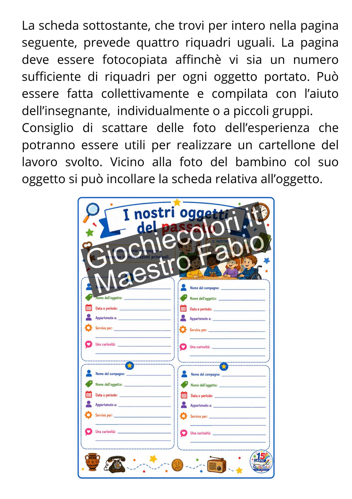 Indicazioni didattiche per documentare gli oggetti portati dagli alunni