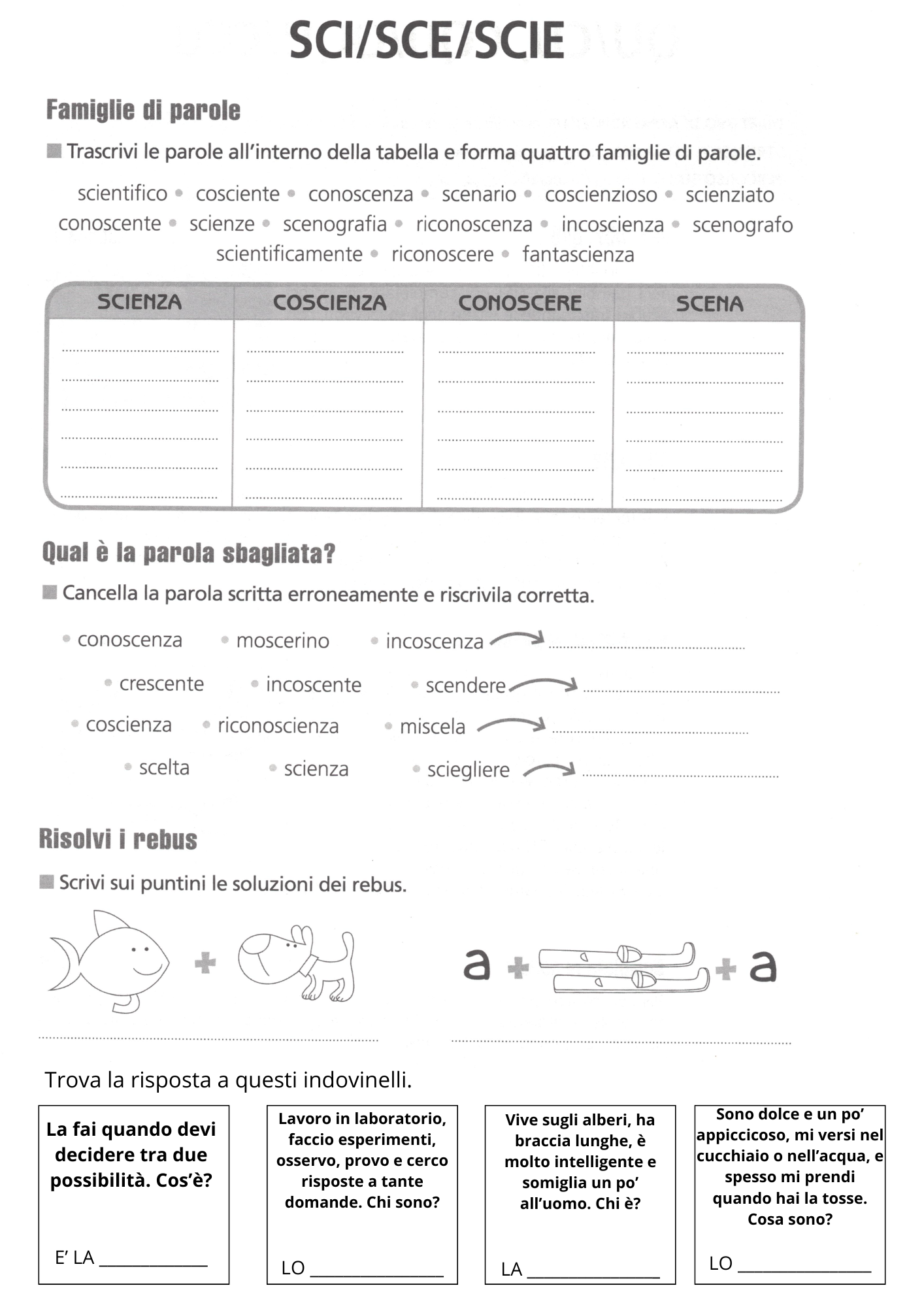 Anteprima ridotta scheda su SCI SCE SCIE con famiglie di parole e indovinelli