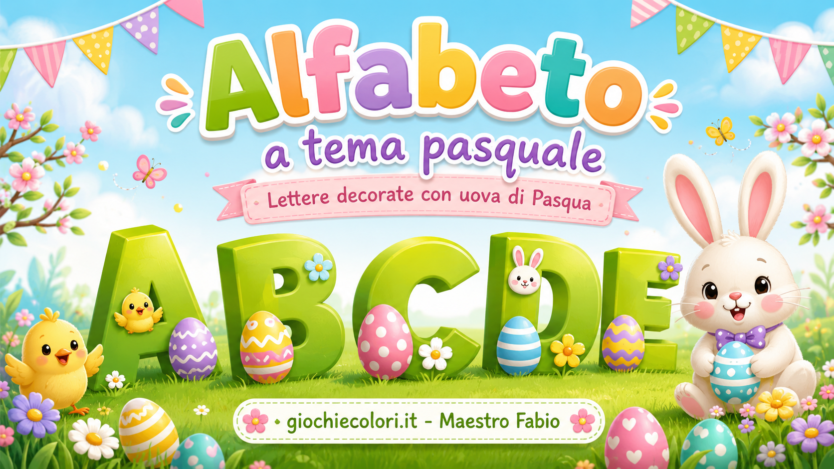 Alfabeto a tema pasquale con lettere decorate, uova di Pasqua, coniglietto e pulcini