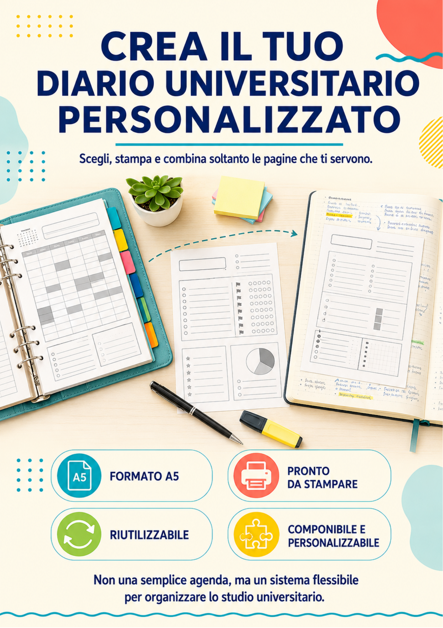Pagine A5 del diario universitario personalizzabile