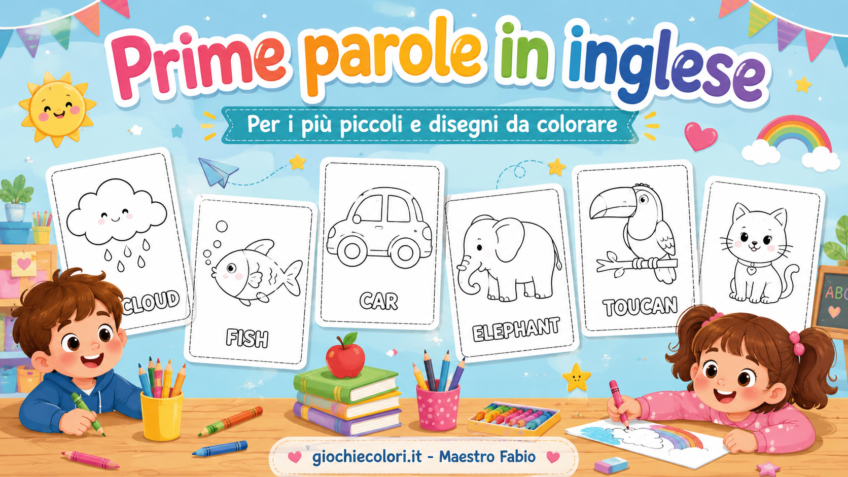 Prime parole in inglese per bambini con disegni da colorare