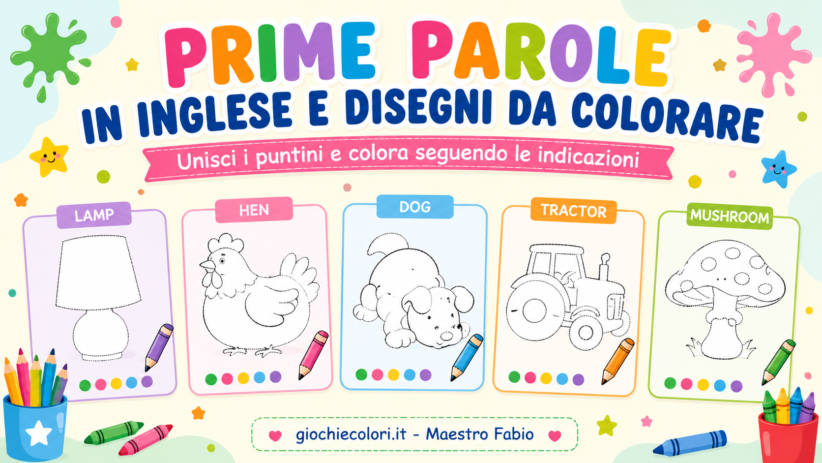 Prime parole in inglese e disegni da colorare: unisci i puntini e colora