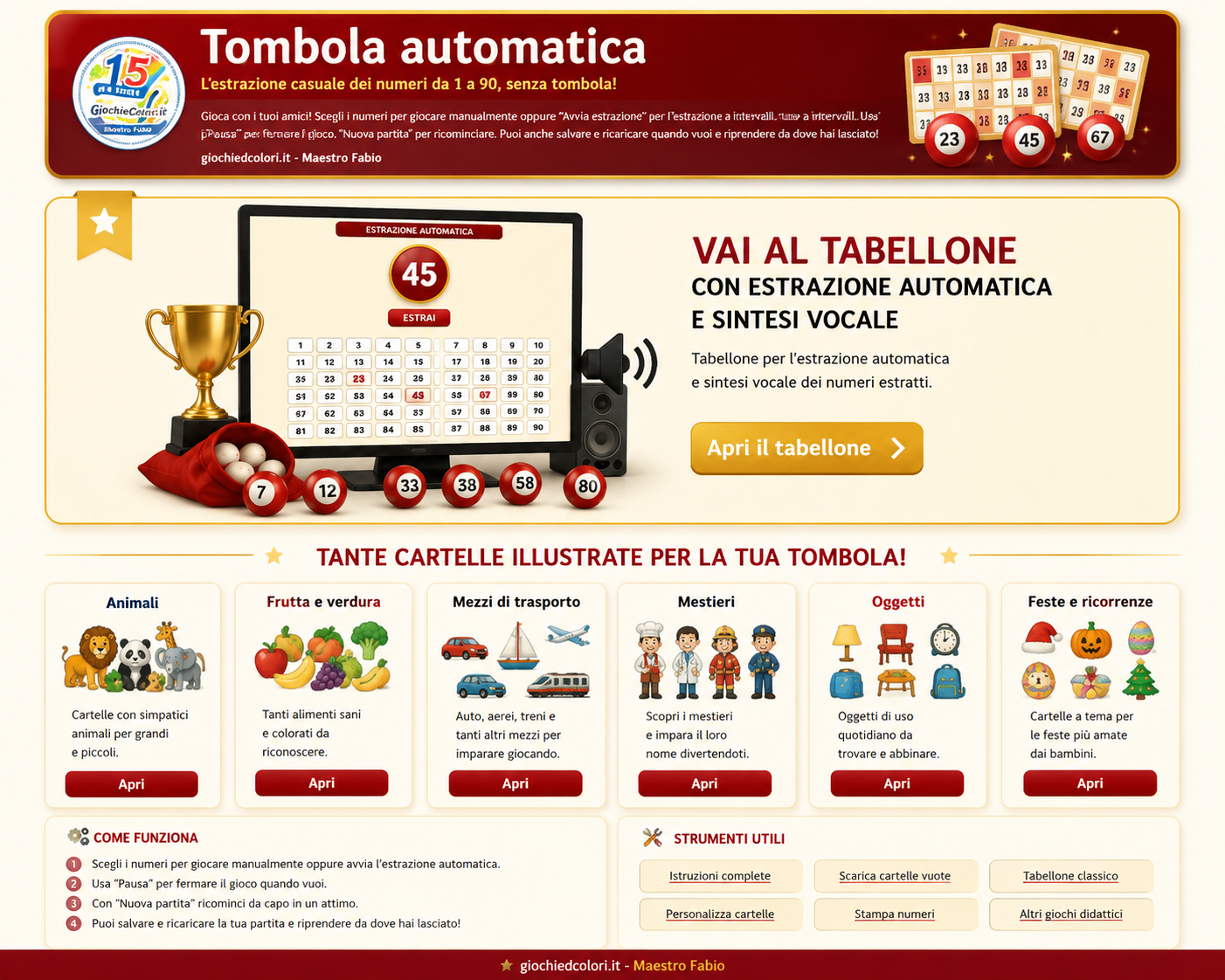 Anteprima del tabellone della tombola con estrazione automatica e sintesi vocale