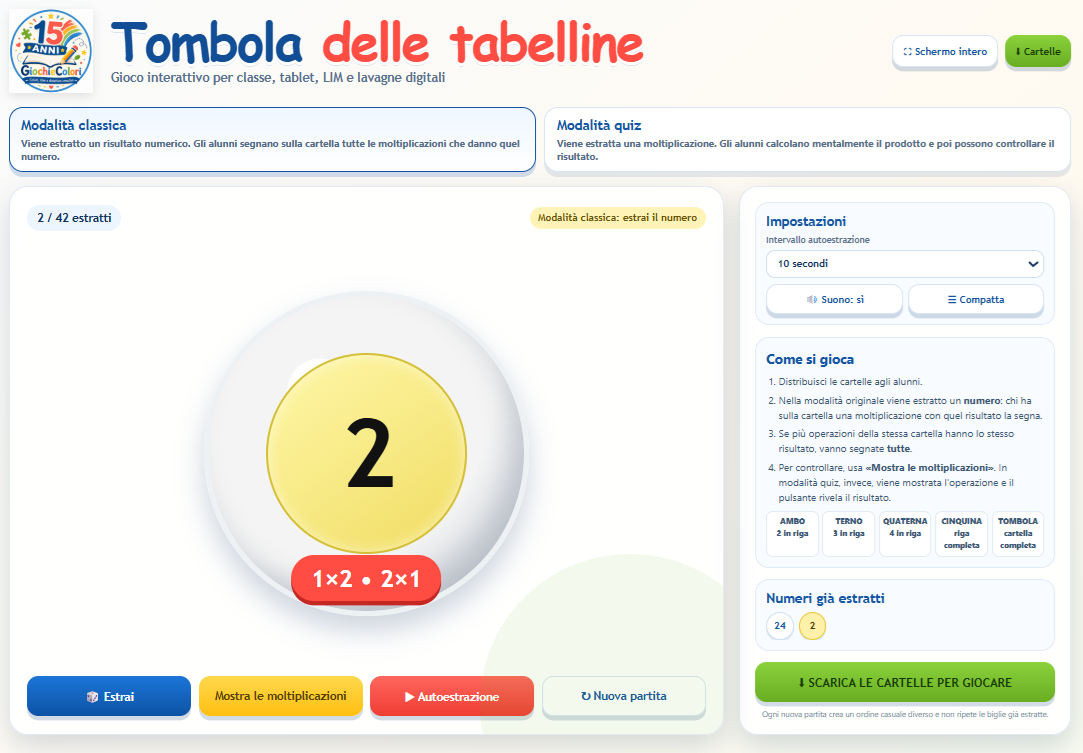 Schermata della Tombola delle tabelline interattiva online