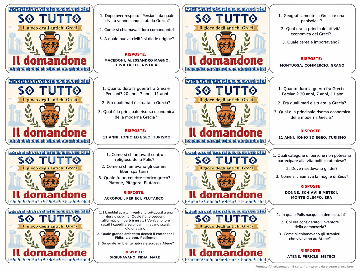 Carte domanda sulla civiltà greca per la scuola primaria